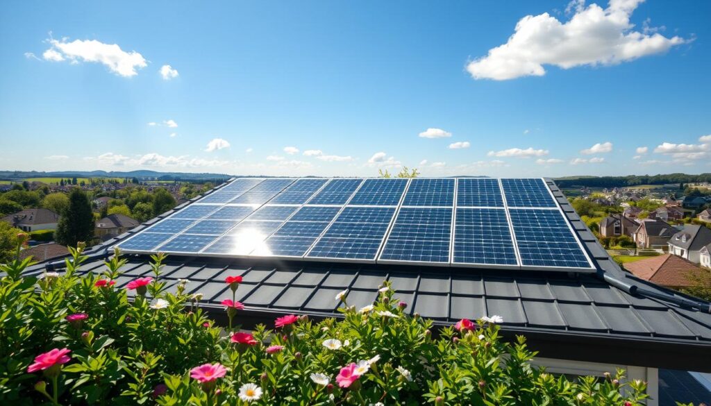 A modern rooftop showcasing an elegant array of solar panels glistening in the sunlight, symbolizing eco-friendly energy solutions. In the foreground, there’s a well-maintained green garden with flowering plants, enhancing the sense of sustainability. The middle ground features the solar panels set against a clear blue sky, with a few fluffy white clouds drifting by. In the background, a panoramic view of a suburban landscape, with neat houses and trees, reflecting a harmonious blend with nature. The lighting is bright and cheerful, casting soft shadows that highlight the panels. The atmosphere is optimistic and forward-thinking, representing the benefits of photovoltaic systems and the appeal of tax exemptions related to property taxes for green energy initiatives.