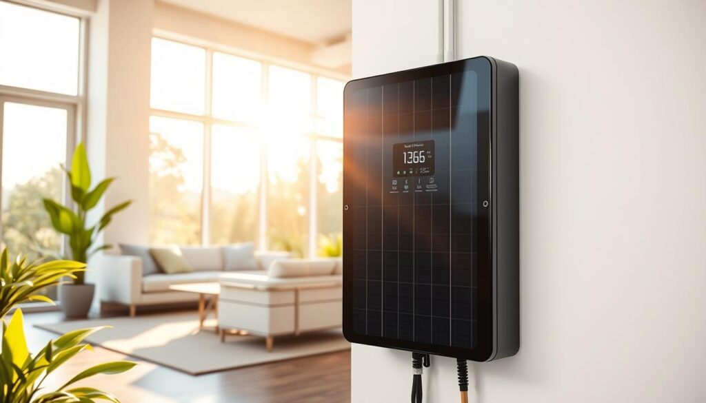 A modern solar battery storage system prominently displayed in a sleek home environment. In the foreground, show a high-capacity wall-mounted solar battery unit with clear specifications visible, including capacity indicators. The middle ground features a sunlit room with stylish home decor, illustrating a sustainable lifestyle. The background showcases large windows with sunlight streaming in, creating a warm and inviting atmosphere. The scene is well-lit with natural sunlight, enhancing the high-tech feel of the battery. Angle the composition slightly from above to give a comprehensive view, and incorporate elements such as plants or energy-efficient appliances to emphasize a green home. Aim for a professional and inspiring mood, reflecting innovation in solar energy storage.