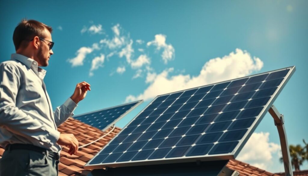 A modern solar panel installation scene showcasing a high-efficiency dualsun 500W solar panel on a residential rooftop. In the foreground, an experienced technician in professional attire is examining and adjusting the panel angle for optimal sunlight exposure. In the middle ground, the solar panel’s sleek design contrasts with a sun-drenched exterior, while a digital monitor displays real-time energy consumption metrics. In the background, a clear blue sky with a few fluffy clouds adds depth, suggesting a perfect day for solar energy harnessing. Warm sunlight casts gentle shadows, creating an inviting atmosphere that emphasizes innovation and sustainability in energy solutions. The overall mood is professional and optimistic, reflecting the theme of self-consumption optimization.