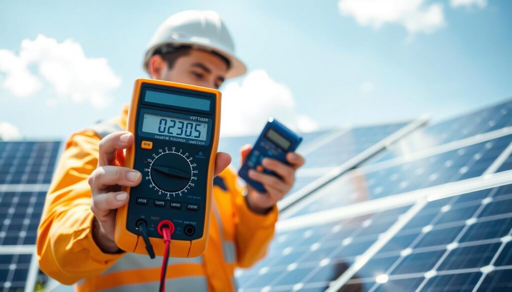 A modern solar panel setup in a sunlit outdoor environment, showcasing a technician in professional work attire using a digital multimeter to measure voltage and current on the solar panel output. The foreground features the multimeter clearly in focus, with the technician's attentive expression as they read the display. The middle ground displays the solar panel array with several panels gleaming under the sunlight. In the background, a light blue sky with a few fluffy clouds enhances the scene's clarity. The lighting is bright and natural, emphasizing the importance of solar energy. The overall mood is one of professionalism and technological efficiency, reflecting the tools and techniques used in solar energy verification.