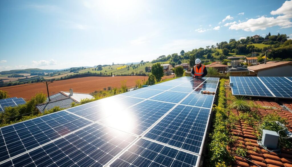 A picturesque scene of solar panel production in Occitanie, showcasing modern solar panel installations on rooftops and open fields under a bright, sunny sky. In the foreground, a cluster of sleek, dark blue solar panels reflects sunlight, surrounded by lush greenery typical of the Occitanie region. In the middle ground, technicians in professional attire inspect the solar installations, with tools and equipment visible, emphasizing a sense of teamwork and progress. In the background, rolling hills and traditional Occitanie architecture evoke a harmonious blend of nature and technology. Soft, natural lighting illuminates the scene, casting gentle shadows, while a wide-angle perspective captures the expansive landscape, conveying optimism and forward-thinking in renewable energy initiatives.