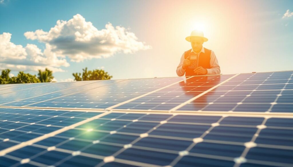 A picturesque solar panel installation showcasing the concept of "prime autoconsommation photovoltaïque". In the foreground, display a modern rooftop covered with sleek photovoltaic panels glistening under a golden sun, capturing energy. In the middle ground, include a technician in professional attire inspecting the panels with a digital multimeter, signifying the active monitoring of energy consumption. In the background, portray a clear blue sky with a few fluffy white clouds, enhancing the sense of a sunny day. The lighting should be bright and warm, emphasizing the efficiency of solar energy. Capture the scene from a slightly elevated angle, creating depth and focus on the harmonious integration of technology and nature. The overall mood should be optimistic and forward-thinking, reflecting a sustainable energy future.