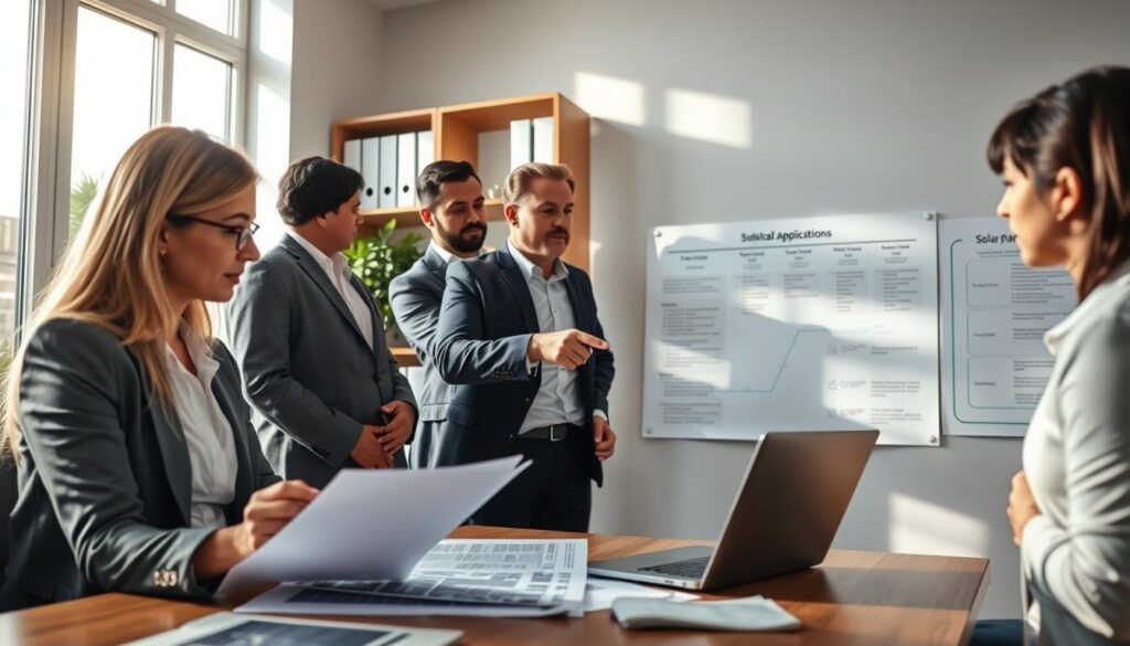 A professional administrative office setting with a diverse group of individuals in business attire discussing solar panel installation applications. In the foreground, a focused female office worker reviews documents, with a solar panel blueprint and laptop open on the desk. In the middle, a male colleague shares insights while pointing at a large wall chart showing the steps of the application process. The background features shelves filled with organizational binders and a potted plant for a lively touch. Soft, natural lighting filters through large windows, casting gentle shadows to create a calm and cooperative atmosphere. The camera angle captures the collaborative spirit, conveying an air of professionalism and optimism about renewable energy initiatives. A professional administrative office setting with a diverse group of individuals in business attire discussing solar panel installation applications. In the foreground, a focused female office worker reviews documents, with a solar panel blueprint and laptop open on the desk. In the middle, a male colleague shares insights while pointing at a large wall chart showing the steps of the application process. The background features shelves filled with organizational binders and a potted plant for a lively touch. Soft, natural lighting filters through large windows, casting gentle shadows to create a calm and cooperative atmosphere. The camera angle captures the collaborative spirit, conveying an air of professionalism and optimism about renewable energy initiatives.
