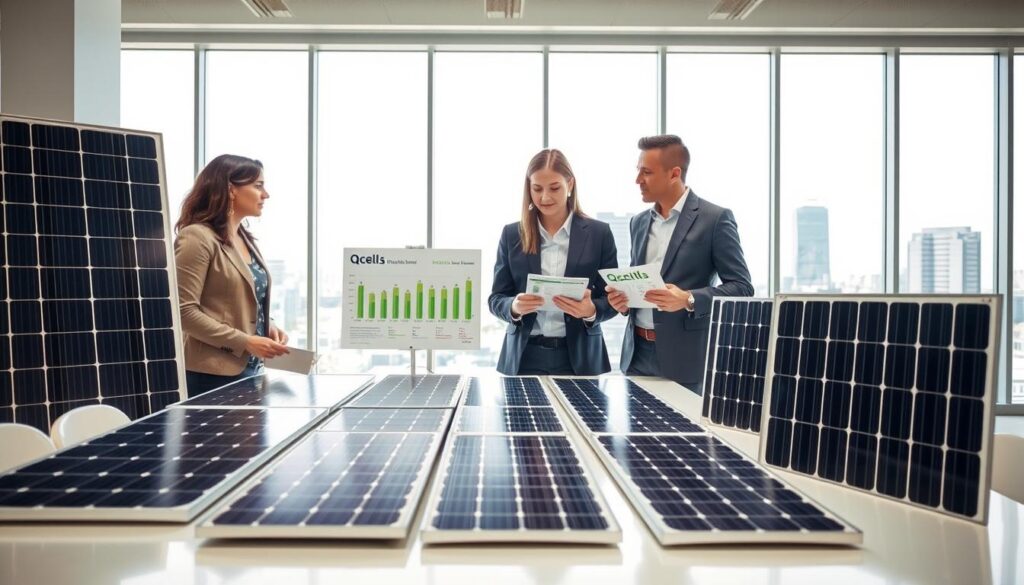 A professional and informative comparison of Qcells photovoltaic panels, set in a bright, airy office environment. In the foreground, a sleek table displays various Qcells solar panels arranged by size and type, showcasing their differences. The middle ground features a diverse group of three professionals in smart business attire, engaged in discussion while examining the panels. One individual points to a chart on a digital tablet illustrating price comparisons and efficiency ratings. In the background, large windows let in natural light, highlighting a clean and modern aesthetic, with a cityscape view. The atmosphere is collaborative and focused, emphasizing innovation in solar energy. Soft, diffused lighting enhances the sense of clarity and professionalism.