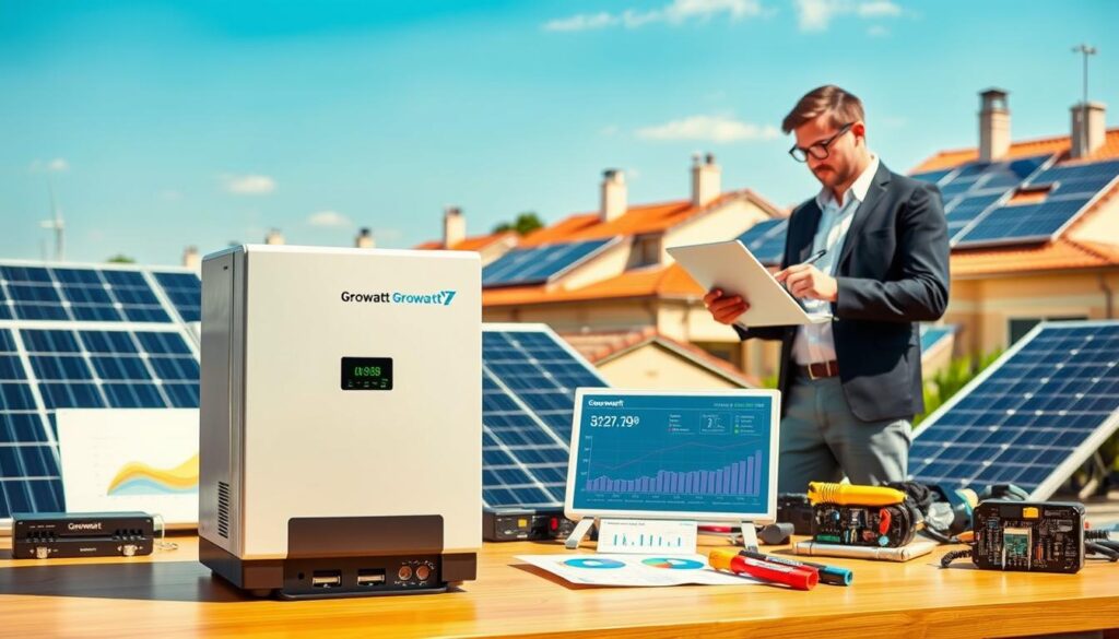 A professional and informative scene illustrating the advantages and limitations of Growatt solar inverters. In the foreground, depict a sleek, modern Growatt solar inverter prominently displayed on a desk, surrounded by solar panels, charge controllers, and analytical graphs showing energy efficiency. In the middle ground, integrate a technician analyzing performance data on a laptop, dressed in smart casual attire, with tools and equipment scattered about. In the background, show a sunny outdoor environment with residential rooftops adorned with solar panels, symbolizing the extensive reach of solar power technology. The setting is bright and well-lit, highlighting the innovative aspects of solar energy, with soft shadows to create depth. The mood should be optimistic and forward-thinking, emphasizing the potential of solar technology while subtly hinting at the challenges faced in the industry.