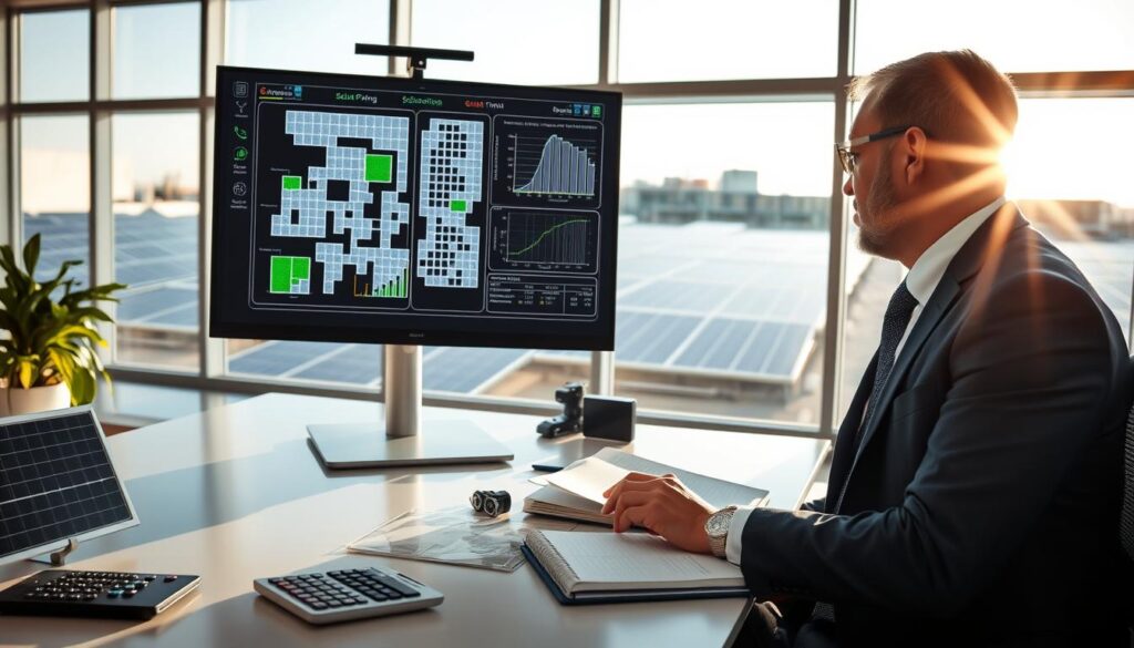 A professional engineer in a modern office space, analyzing solar panel layouts on a large digital screen displaying simulation graphs and dimensioning charts. In the foreground, a sleek desk with technical tools like a calculator, solar panel models, and a notebook filled with notes. The middle ground shows the engineer, dressed in smart business attire, thoughtfully examining the data. The background reveals a bright office with large windows overlooking a sunlit rooftop filled with solar panels. Soft natural lighting illuminates the scene, casting gentle shadows and creating a focused yet relaxed atmosphere. The image emphasizes the importance of careful analysis and planning in solar project development.