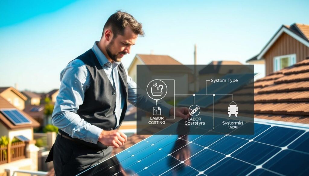 A professional, informative scene depicting the factors influencing the cost of solar panel installation. In the foreground, a well-dressed technician inspects a solar panel on a modern residential roof, capturing a sense of analysis and expertise. The middle ground features a chart or infographic creatively integrated into the scene, illustrating key factors such as materials, labor costs, and system type, represented by symbols or icons. The background reveals a suburban neighborhood bathed in warm, natural sunlight, showcasing various homes with solar panels. The atmosphere is optimistic and forward-looking, with a clear blue sky that enhances the sense of sustainability. Use bright, natural lighting to reflect the optimism of renewable energy. Capture the scene from a slightly elevated angle for clarity.