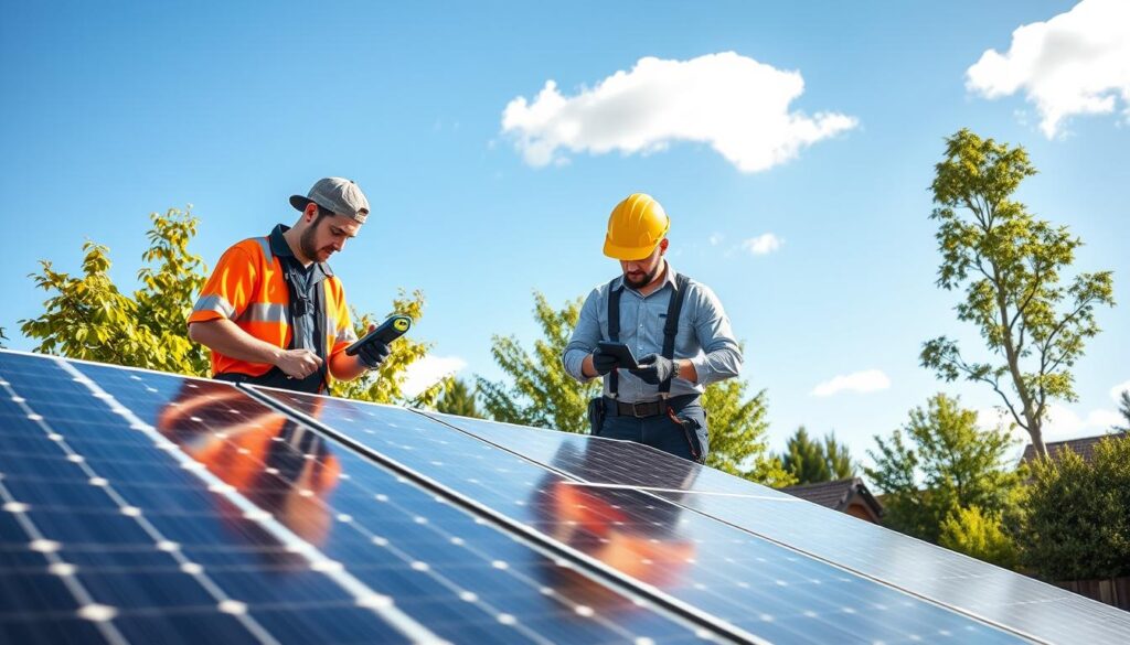 A professional-looking solar installation scene showing a vibrant residential area with a 150m2 modern house at the foreground, featuring sleek solar panels on its roof. In the middle ground, a team of two installers in professional attire carefully inspecting the panel setup, using tools and equipment like a digital multimeter and measuring tape. The background showcases a clear blue sky with a few fluffy clouds, embodying a sunny atmosphere, while green trees and a well-maintained garden add a touch of serenity. Soft natural lighting illuminates the scene, creating an inviting, optimistic mood, with a focus on the efficiency and benefits of solar energy installation costs.