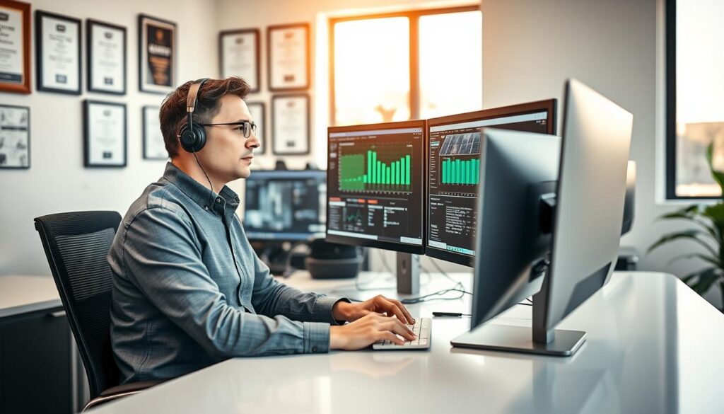 A professional support technician sitting at a modern, sleek desk surrounded by multiple computer monitors displaying troubleshooting software and solar energy data. The technician, wearing business casual attire, has a focused expression as they engage in a video call, providing expert assistance to a client. In the background, a bright, well-lit office atmosphere enhances productivity, with soft sunlight streaming through a window, illuminating certificates and awards on the walls. Use a slightly elevated angle to capture the technician's interaction with technology, conveying a mood of expertise, reliability, and customer service commitment. Emphasize clarity and professionalism, with high-resolution detail for both the technician and the workspace. A professional support technician sitting at a modern, sleek desk surrounded by multiple computer monitors displaying troubleshooting software and solar energy data. The technician, wearing business casual attire, has a focused expression as they engage in a video call, providing expert assistance to a client. In the background, a bright, well-lit office atmosphere enhances productivity, with soft sunlight streaming through a window, illuminating certificates and awards on the walls. Use a slightly elevated angle to capture the technician's interaction with technology, conveying a mood of expertise, reliability, and customer service commitment. Emphasize clarity and professionalism, with high-resolution detail for both the technician and the workspace.