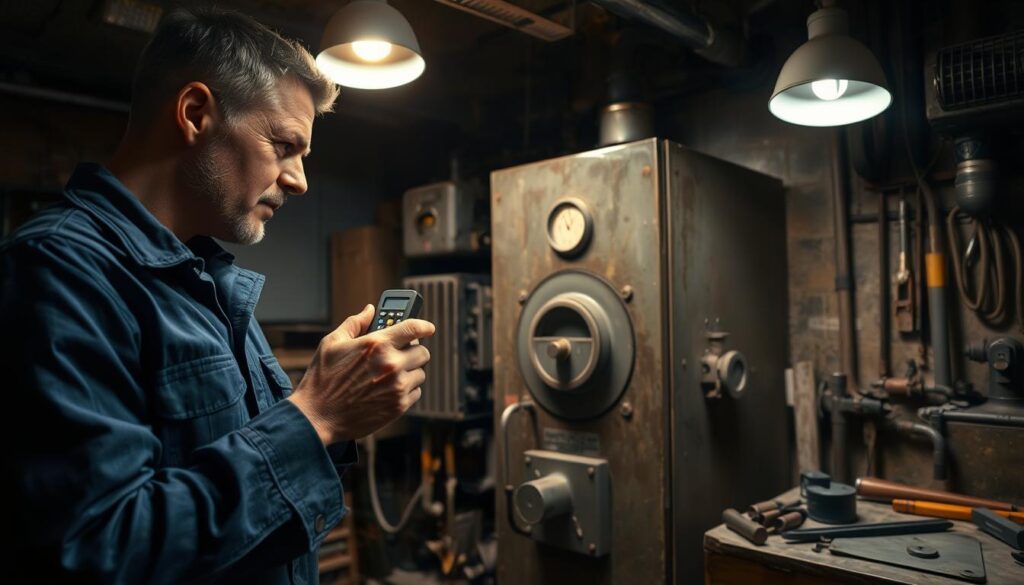 A professional technician inspecting a malfunctioning boiler in a dimly lit basement, the foreground features the technician wearing a blue uniform, holding a diagnostic tool with focused determination. The middle ground showcases the large, old-fashioned boiler with visible pipes and gauges, some covered in dust, suggesting neglect. The background is filled with mechanical tools and a workbench, illuminated by a single overhead light casting shadows, creating a tense but hopeful atmosphere. The overall mood conveys urgency and problem-solving, emphasizing the challenge of troubleshooting a boiler that won’t start, highlighting key details and the context of maintenance work.