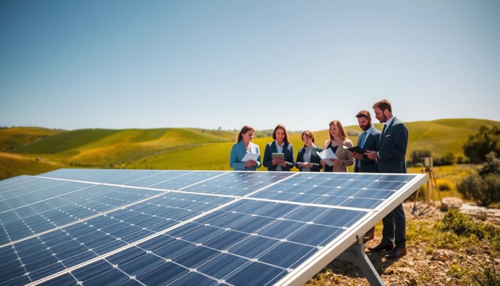 A serene outdoor setting showcasing the implementation of solar panel assistance in Occitanie for 2024. In the foreground, a neat row of modern solar panels glimmering under the bright sun, reflecting innovation and sustainability. In the middle ground, a diverse group of individuals, dressed in professional business attire, consult over documents and digital devices, illustrating teamwork and guidance. The background features rolling green hills, symbolizing the natural beauty of Occitanie, with a clear blue sky overhead. The lighting is bright, suggesting a sunny day, while a soft focus creates a warm atmosphere that conveys hope and progress. Capture the collaboration and enthusiasm surrounding renewable energy initiatives.