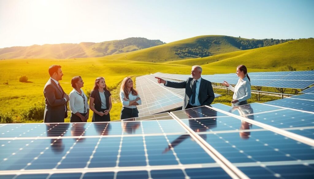 A serene solar power station set in a lush green landscape, showcasing an array of photovoltaic panels glistening under bright sunlight. In the foreground, a group of diverse professionals in business attire discussions the benefits of solar energy, with one pointing towards the solar panels, symbolizing teamwork and innovation. The middle ground features the solar array with modern technology, displaying efficient energy generation. In the background, gentle hills rise gently leading to a clear blue sky, enhancing the optimism of renewable energy. The lighting is warm and inviting, casting soft shadows, while the overall mood is professional yet hopeful, emphasizing the reduction of ecological footprints through sustainable energy solutions. A serene solar power station set in a lush green landscape, showcasing an array of photovoltaic panels glistening under bright sunlight. In the foreground, a group of diverse professionals in business attire discussions the benefits of solar energy, with one pointing towards the solar panels, symbolizing teamwork and innovation. The middle ground features the solar array with modern technology, displaying efficient energy generation. In the background, gentle hills rise gently leading to a clear blue sky, enhancing the optimism of renewable energy. The lighting is warm and inviting, casting soft shadows, while the overall mood is professional yet hopeful, emphasizing the reduction of ecological footprints through sustainable energy solutions.