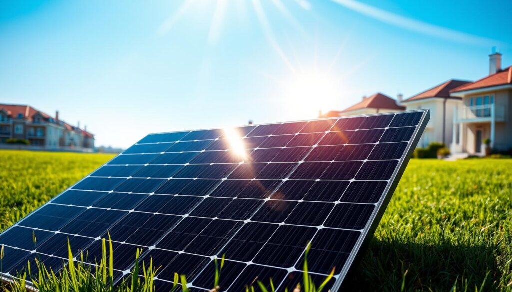 A sleek and modern Dualsun Flash Half-Cut Black 500 W solar panel is prominently displayed in the foreground, showcasing its innovative design and high-quality materials. The solar panel is gleaming under bright sunlight, with rays casting distinct shadows that highlight its half-cut technology. In the middle ground, a clean, eco-friendly environment features green grass and a clear blue sky, symbolizing sustainability. In the background, a sun-drenched urban landscape with smart homes utilizes renewable energy. The lighting is vibrant, accentuating the panel’s contours and making it the focal point. The mood is one of innovation and environmental responsibility, appealing to forward-thinking consumers. The angle is slightly tilted upward, giving the impression of looking towards a brighter future.