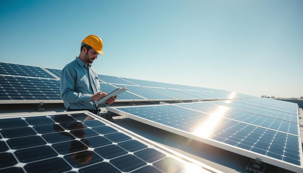 A sleek, modern flat roof with several solar panels installed, showcasing their glossy surfaces reflecting sunlight. In the foreground, a professional technician in a safety helmet and business casual attire is inspecting the panels, holding a clipboard and checking performance metrics on a tablet. In the middle ground, the panels are arranged in a neat grid pattern, with sunlight casting sharp, defined shadows, creating a sense of depth. The background features a clear blue sky, emphasizing the clean, green energy concept. The lighting is bright and natural, highlighting the efficiency of solar technology while instilling a mood of professionalism and diligence in maintenance.