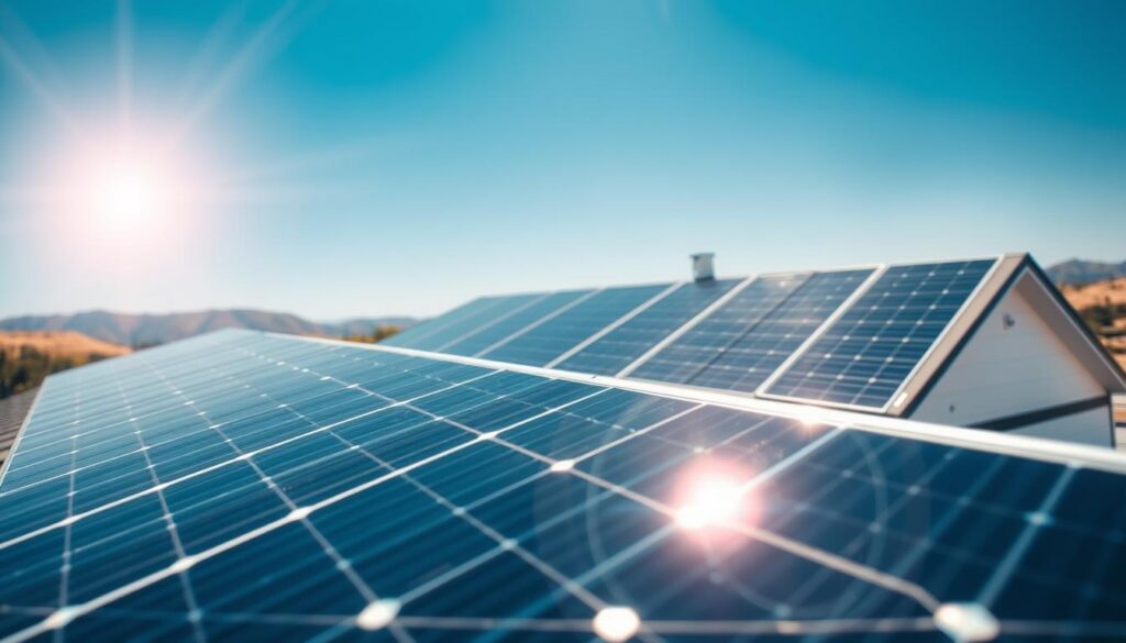A solar panel installation on a modern rooftop, showcasing various panels oriented at different angles to capture sunlight effectively. In the foreground, a close-up of a solar panel gleaming under bright sunlight, with intricate details of the photovoltaic cells visible. The middle ground features a row of tilted solar panels situated atop a contemporary house with a clear blue sky in the background, emphasizing their efficient energy performance. Natural sunlight illuminates the scene, enhancing the vibrancy of the colors. The background includes a distant view of rolling hills and a few trees, hinting at various local climates. The image conveys a sense of innovation and sustainability, illustrating optimal performance orientation for solar energy harvesting.
