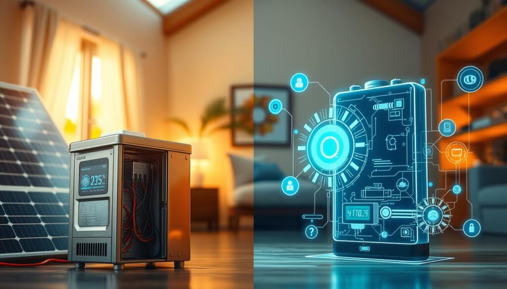 A split scene depicting "physical battery versus virtual battery" for a solar energy theme. In the foreground, on the left, a sleek, modern physical battery unit with a glossy finish, showcasing its intricate wiring and digital display, surrounded by solar panels. On the right, a glowing virtual battery depicted as a futuristic holographic interface, with data streams and solar icons floating around it. The middle ground features subtle lighting contrasting the real and virtual elements, with a soft focus on each battery type. The background illustrates a vibrant home setting, illuminated by warm, natural light, creating a harmonious atmosphere of innovation and sustainability. The angle captures the duality of technology, emphasizing clarity and depth without any text or logos.