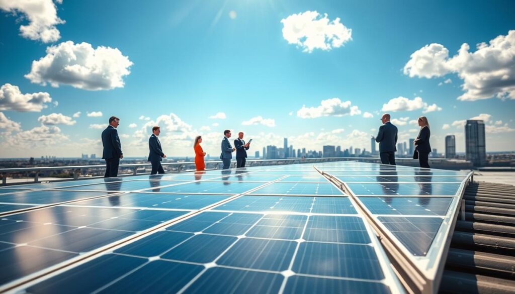 A vibrant, eye-catching image showcasing Qcells solar panels in a modern, competitive landscape. In the foreground, sleek, glistening solar panels lie prominently on a rooftop, reflecting sunlight beautifully. The middle ground features a diverse group of professionals in business attire, discussing and analyzing the panels, indicative of innovation and collaboration. In the background, a picturesque skyline with a blue sky and fluffy clouds, symbolizing sustainability and progress. The lighting is bright and natural, enhancing the panels' visual appeal and creating a positive atmosphere. The composition captures a sense of technological advancement and the competitive edge that Qcells holds in the photovoltaic sector. The angle is slightly elevated, offering a comprehensive view of the scene.