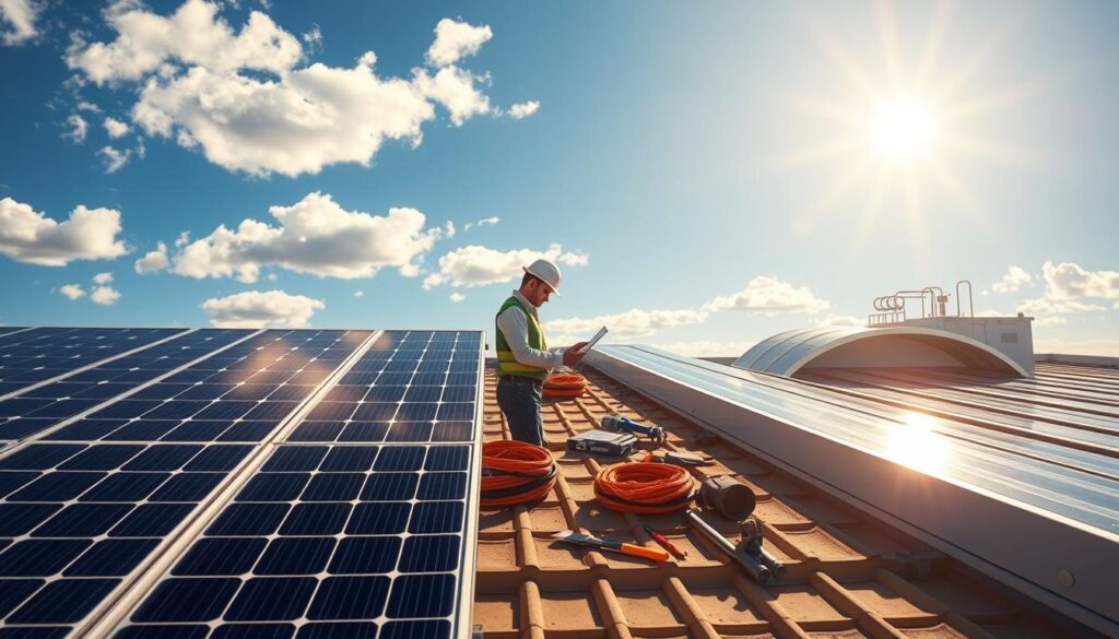 A vibrant illustration of solar thermal and hybrid systems, showcasing a detailed composition of solar panels and thermal collectors on a modern building rooftop. In the foreground, depict sleek solar panels reflecting sunlight, positioned next to curved thermal collectors harnessing heat. The middle section should include a technician in professional attire, examining a digital display of energy efficiency, with tools laid out beside them. In the background, a clear blue sky enhances the scene, with soft sunlight filtering through scattered clouds, creating a warm, optimistic mood. The image should capture a sense of innovation and sustainability, with a focus on clean energy technology. Use a wide-angle perspective to provide depth and clarity, ensuring all components are clearly visible and harmonious. A vibrant illustration of solar thermal and hybrid systems, showcasing a detailed composition of solar panels and thermal collectors on a modern building rooftop. In the foreground, depict sleek solar panels reflecting sunlight, positioned next to curved thermal collectors harnessing heat. The middle section should include a technician in professional attire, examining a digital display of energy efficiency, with tools laid out beside them. In the background, a clear blue sky enhances the scene, with soft sunlight filtering through scattered clouds, creating a warm, optimistic mood. The image should capture a sense of innovation and sustainability, with a focus on clean energy technology. Use a wide-angle perspective to provide depth and clarity, ensuring all components are clearly visible and harmonious.