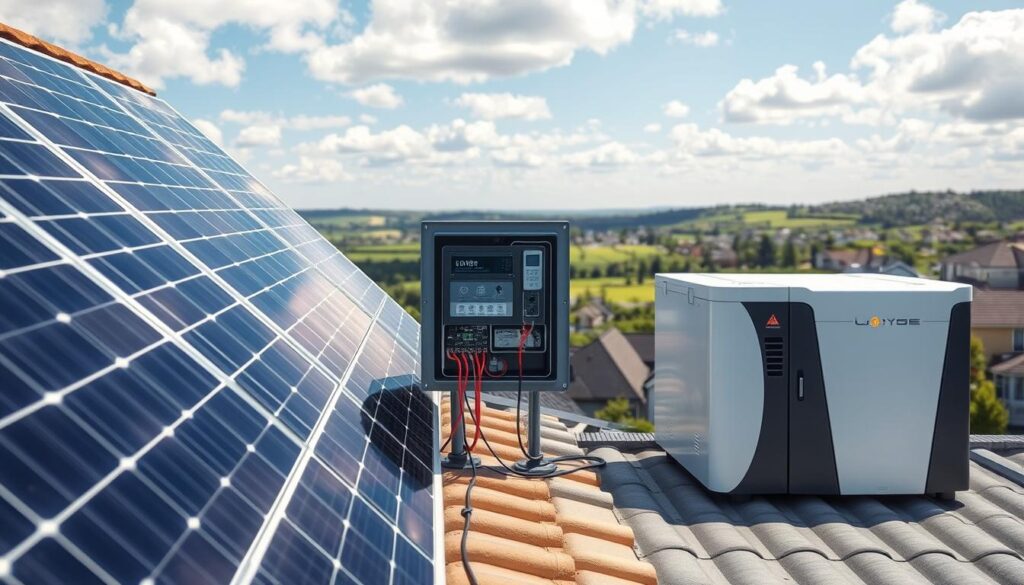 A visually engaging image showcasing the compatibility of solar panels, inverters, and batteries. In the foreground, display an array of solar panels mounted on a roof, reflecting sunlight with a bright blue sky above. In the middle section, illustrate an inverter connected to the solar panels, displaying wires and technical components. Nearby, feature a modern battery system, sleek and futuristic, indicating its connection to the inverter. In the background, include a panoramic view of a residential area, with green landscapes and a partly cloudy sky. Utilize natural lighting to create a bright, optimistic atmosphere. Capture the scene from a slightly elevated angle to convey a comprehensive view of the system’s layout, emphasizing the integration of renewable energy technology.