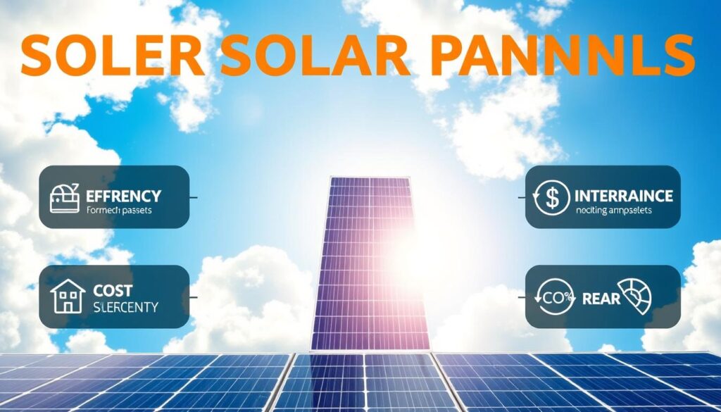 A visually engaging infographic illustrating essential criteria for selecting solar panels. In the foreground, detailed icons represent factors such as efficiency, durability, and cost-effectiveness, each icon clearly labeled. In the middle, a sleek, modern solar panel stands prominently, reflecting sunlight, symbolizing innovation in solar technology. The background features a bright, blue sky with soft, fluffy clouds, creating an optimistic and eco-friendly atmosphere. The lighting is bright and natural, emphasizing the brilliance of solar energy. The lens perspective is slightly angled upward to convey the feeling of upward growth and sustainability. Overall, the mood is informative yet inspiring, ideal for a comprehensive guide on solar panel selection.