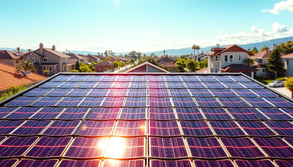 A visually striking comparison illustration depicting the advantages and disadvantages of Tesla solar tiles. In the foreground, vibrant solar tiles are shown glistening under sunlight, highlighting their elegant design and potential for energy efficiency. The middle ground features a split scene: on one side, a modern home adorned with solar tiles, exuding a sense of sustainability and innovation, while on the opposite side, a subtle depiction of a cloudy sky with some drawbacks illustrated, such as high installation costs and maintenance challenges. The background includes a serene neighborhood with a mix of traditional and solar-equipped homes, creating a harmonious atmosphere of eco-friendly living. The lighting should be bright and clear, showcasing a sunny day, and the angle should be slightly elevated, offering a comprehensive view of both sides of the narrative without any text or overlays.