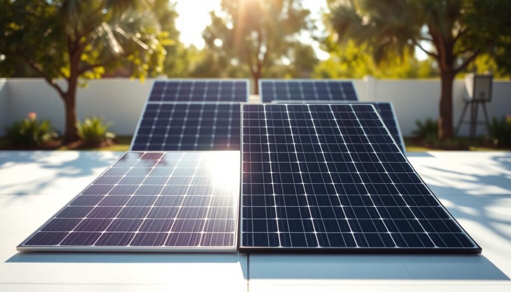 A visually striking comparison of AXIbiperfect and AXIblackbiperfect solar panels, prominently displayed in the foreground. The AXIbiperfect panels shine with a sleek, modern design featuring vibrant, glossy surfaces, while the AXIblackbiperfect panels are highlighted with a matte black finish that exudes elegance. Position both panel types side by side on a clean, white background for clarity. In the middle ground, incorporate subtle technical elements, like data graphs or performance metrics, softly blurred to keep the focus on the panels. The background showcases a bright outdoor setting with soft sunlight casting gentle shadows, creating an inviting atmosphere. Use a wide-angle lens effect to capture the full range and detail of the solar panels, ensuring the composition is balanced and visually appealing.