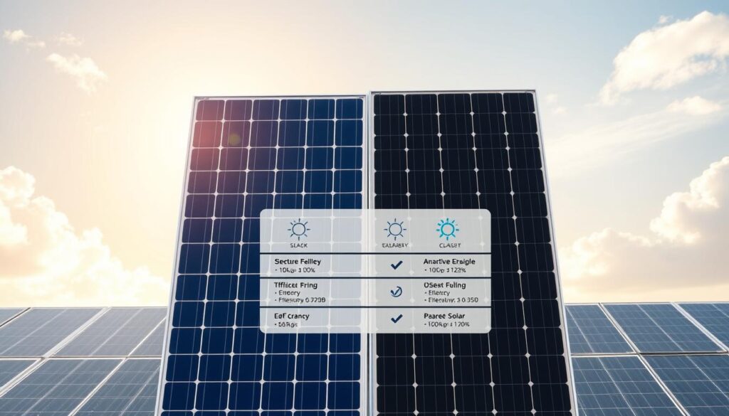 In the foreground, depict two types of solar panels side by side: a transparent solar panel showcasing its sleek, modern design with a blue tint, and a traditional opaque solar panel with a classic black finish. In the middle ground, illustrate a well-lit comparison table highlighting key differences in efficiency rates and features, with symbols representing sunlight and energy conversion. The background should feature a sunny sky with soft clouds, adding to the overall bright and optimistic atmosphere. Use natural lighting with an emphasis on clarity, and employ a wide-angle perspective to encompass both the panels and the comparison elements smoothly. Aim for a professional and informative mood, suitable for technological discussion.
